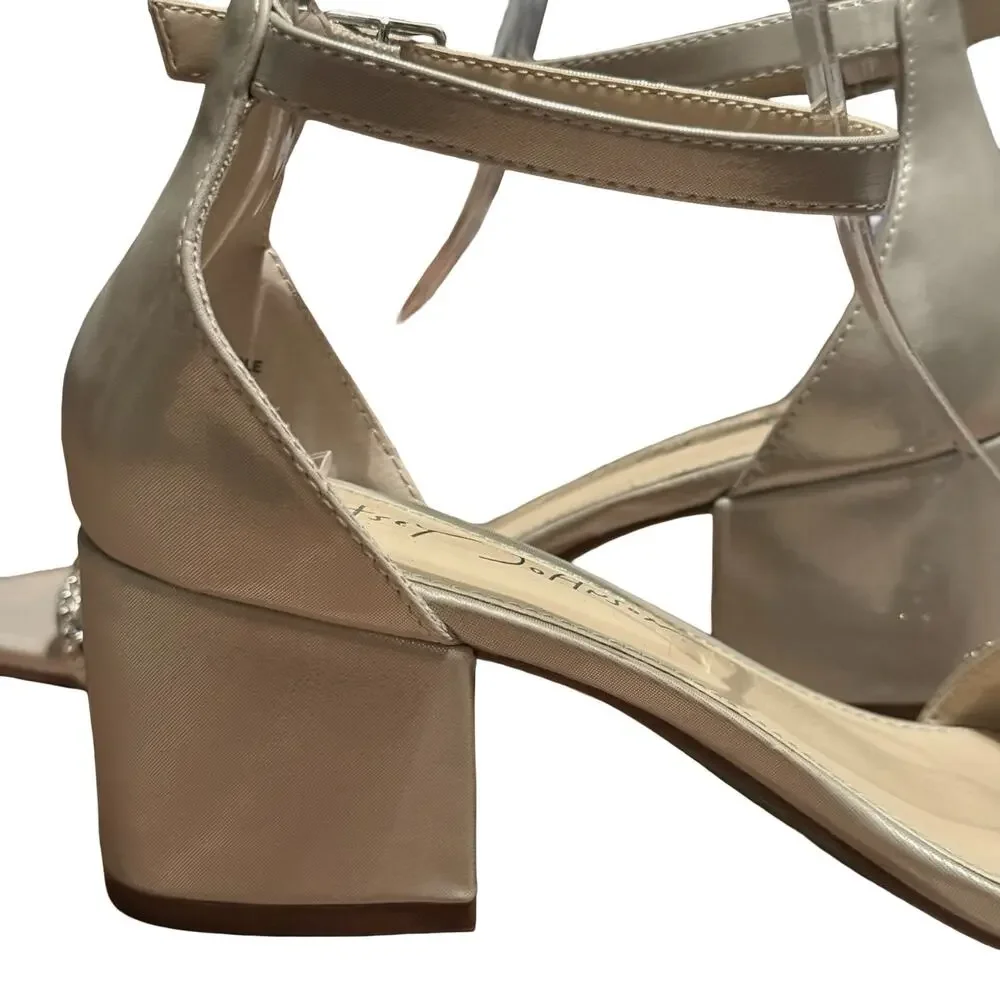Betsey Johnson Mel Champagne Rhinestone Ankle Strap Block Heel Sandals Shoes 6.5